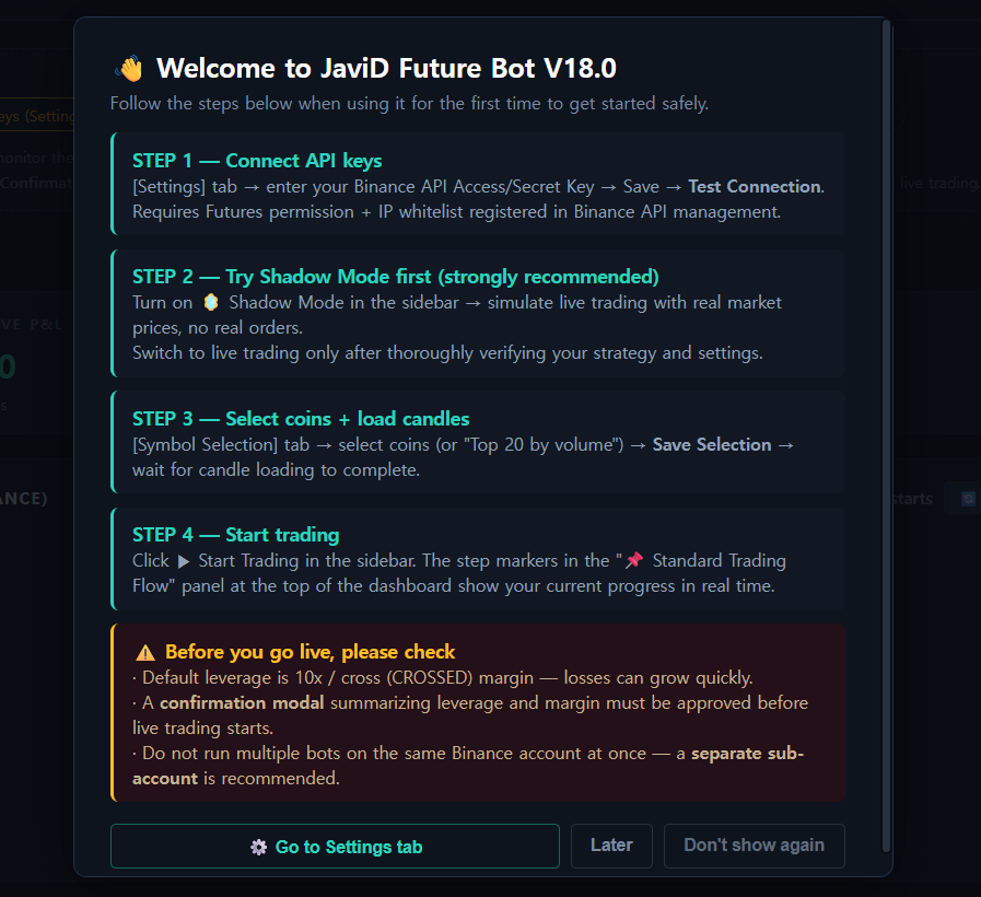 JaviD Future Bot first-launch onboarding modal