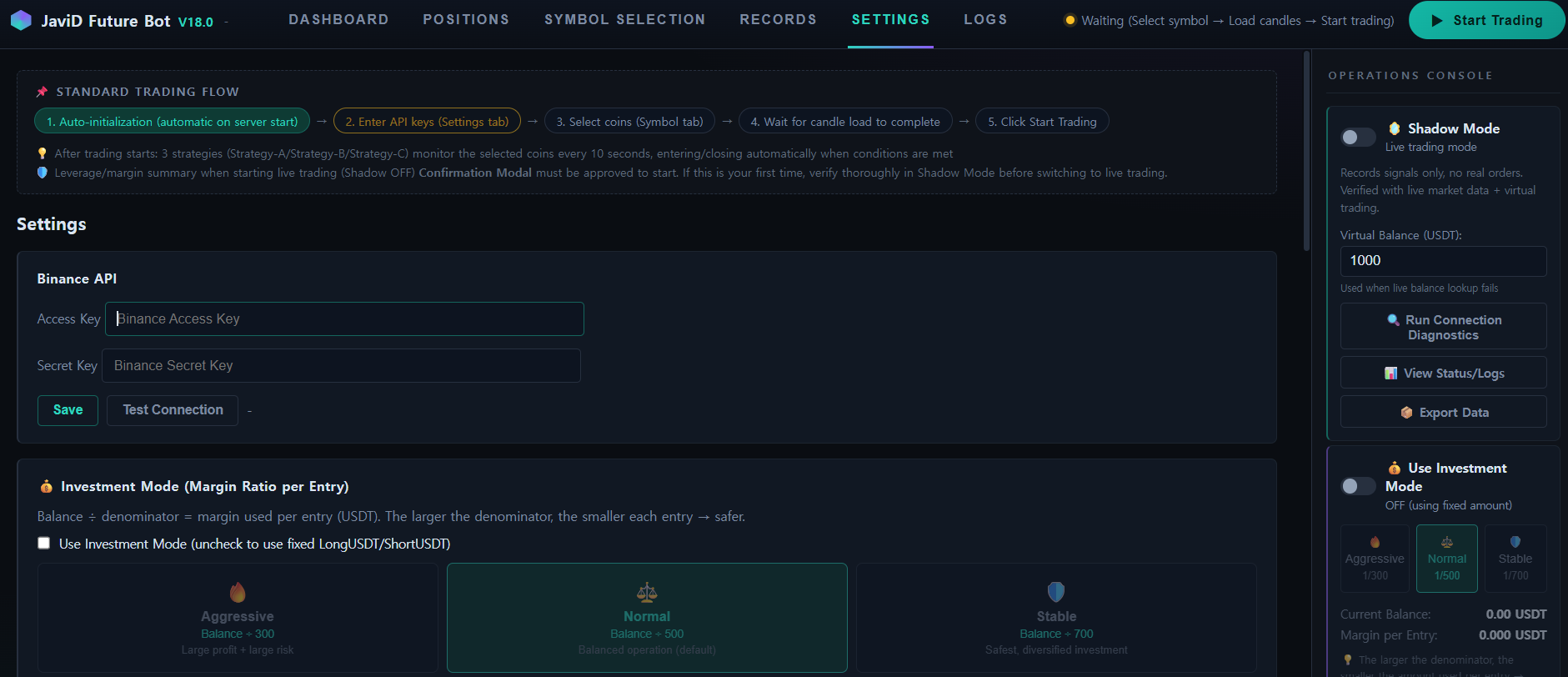 JaviD Future Bot Settings tab with Binance API key fields
