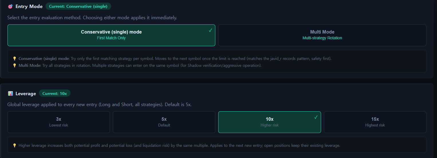 JaviD Future Bot Entry Mode and Leverage settings