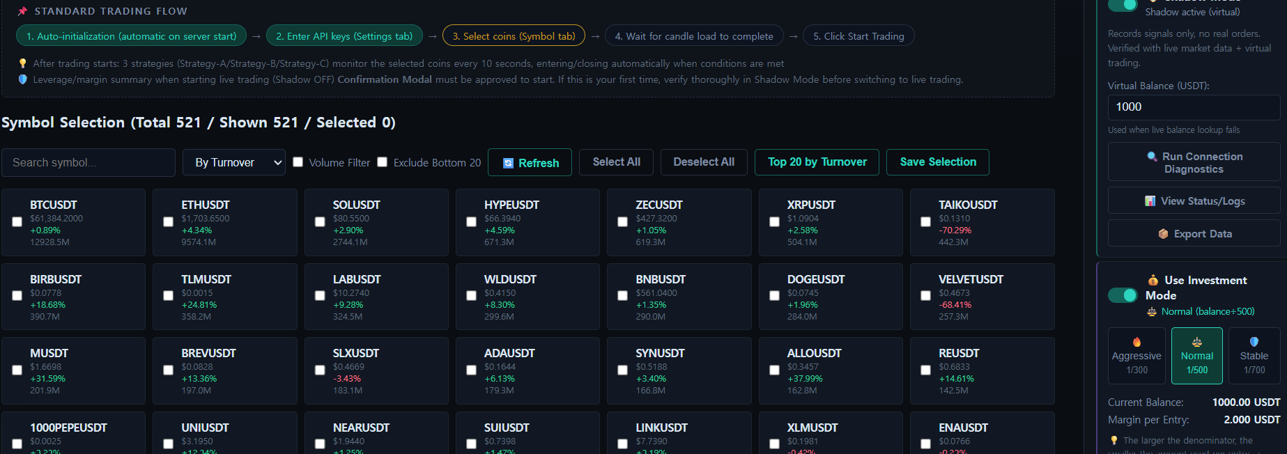 JaviD Future Bot Symbol Selection tab